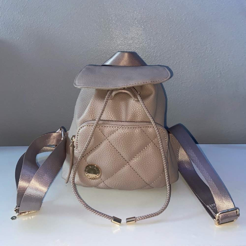 Faux Leather Beige Mini Backpack Adjustable Straps Fashion Chic Gold Neutral